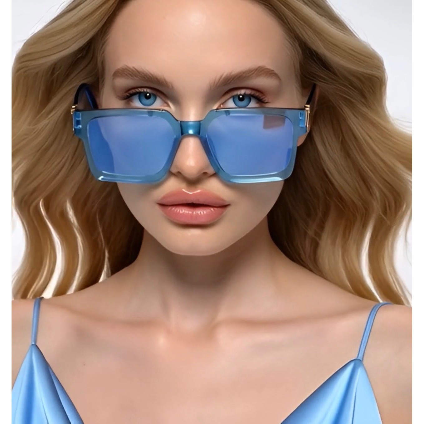 Womens Oversized Square Translucent Blue Sunglasses Gold Hardware 153mm Frame