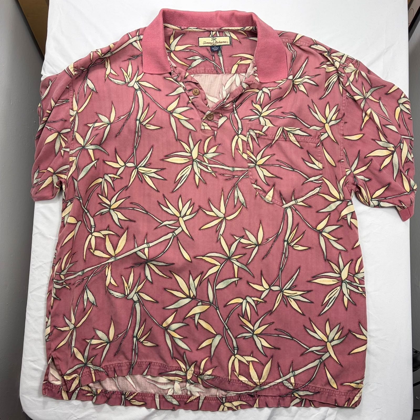 Tommy Bahama 100% Silk Bamboo Leaf Print Polo Shirt