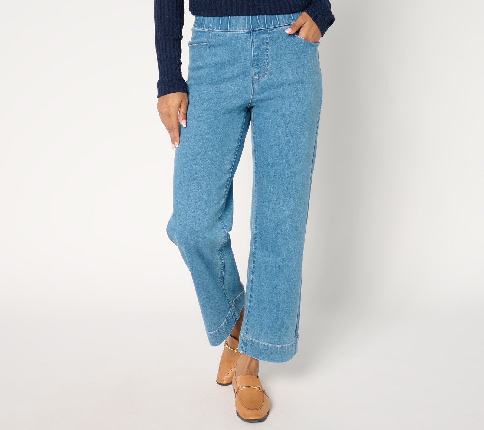 Susan Graver Regular Wide Leg Pull On Ankle Jean Medium Wash 12 New