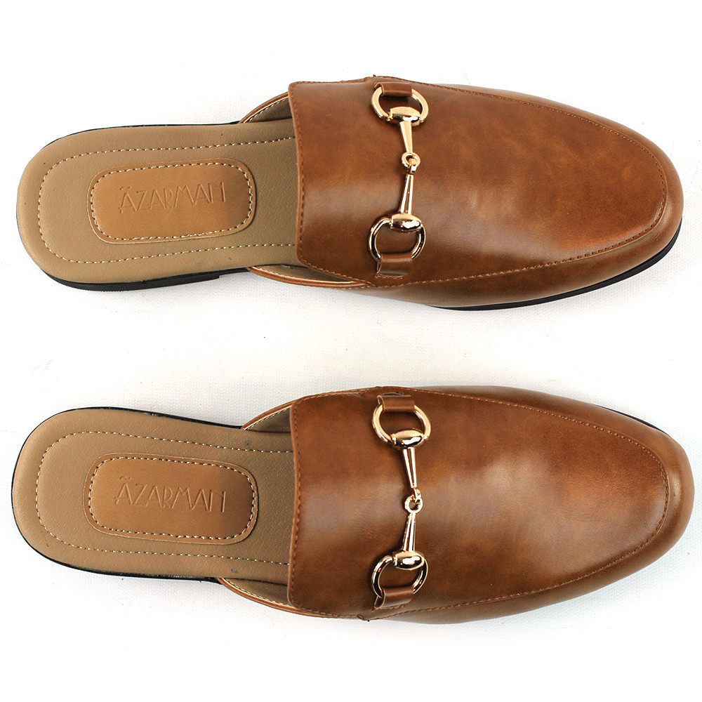 Men Cognac Brown Leather Backless Slip On Mule Gold Buckle Loafers Shoes AZARMAN