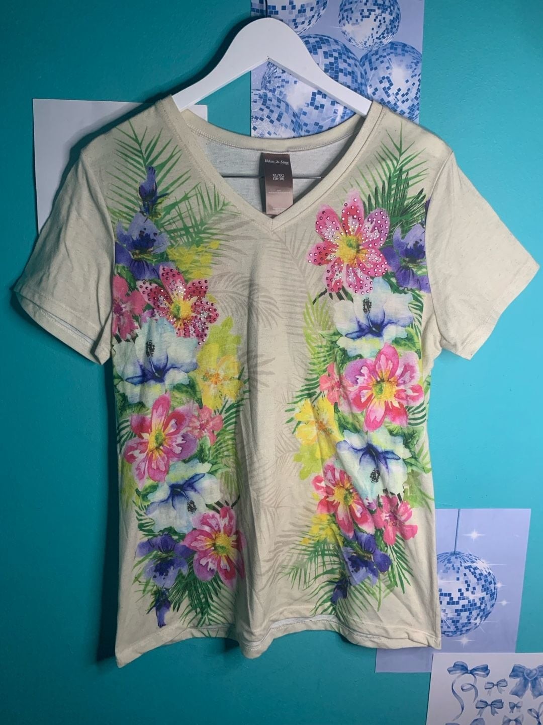 White Stag Floral Graphic V-Neck Tee with Sequin Embellishments