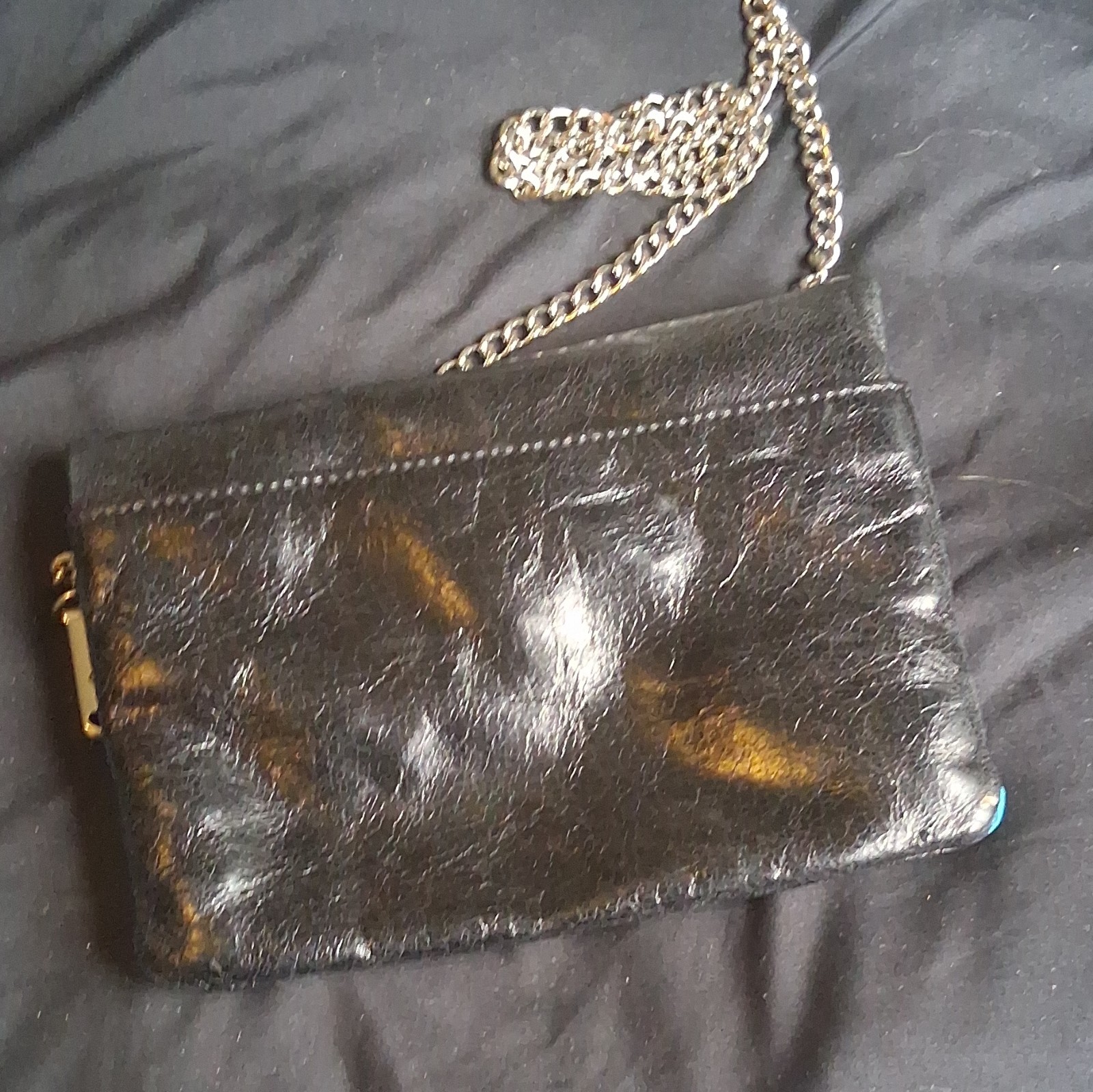 HOBO Small Crossbody Bag Black Zip Silver Chain Strap Floral Lined Inner Pockets