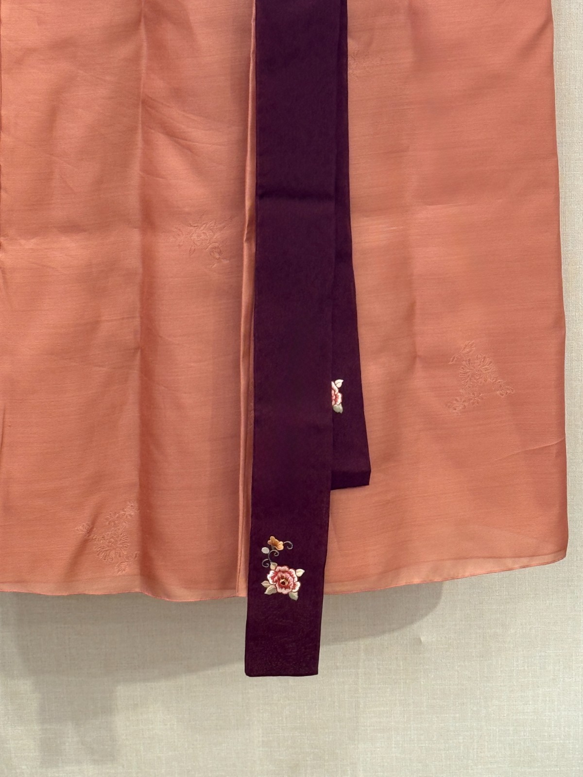 Korean Traditional Hanbok Set Pink Rose Gold Sheer Embroidered w/ Bag Norigae