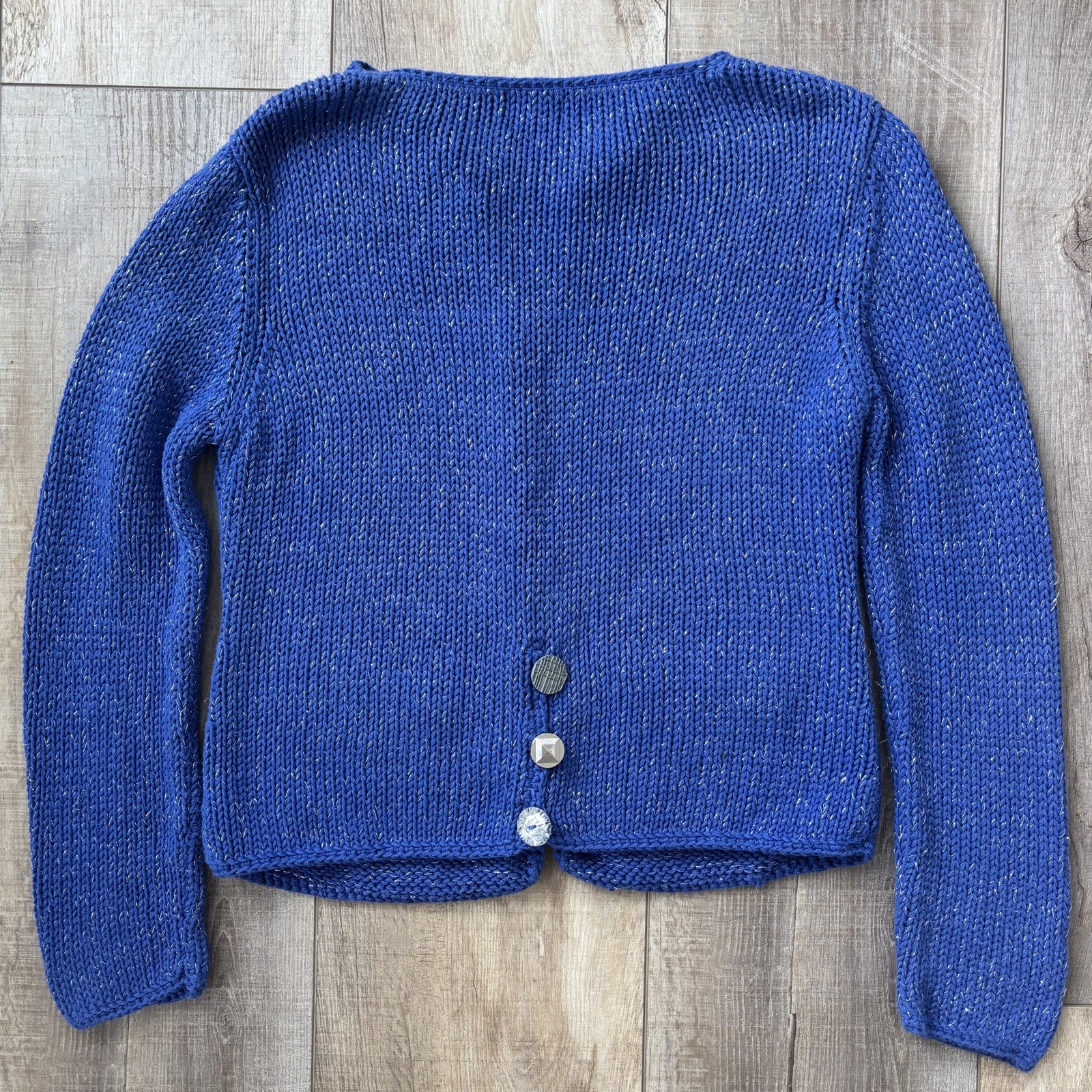 Brooch Button Handknit Womens Cotton Cardigan Size SP Blue Granny Cottagecore
