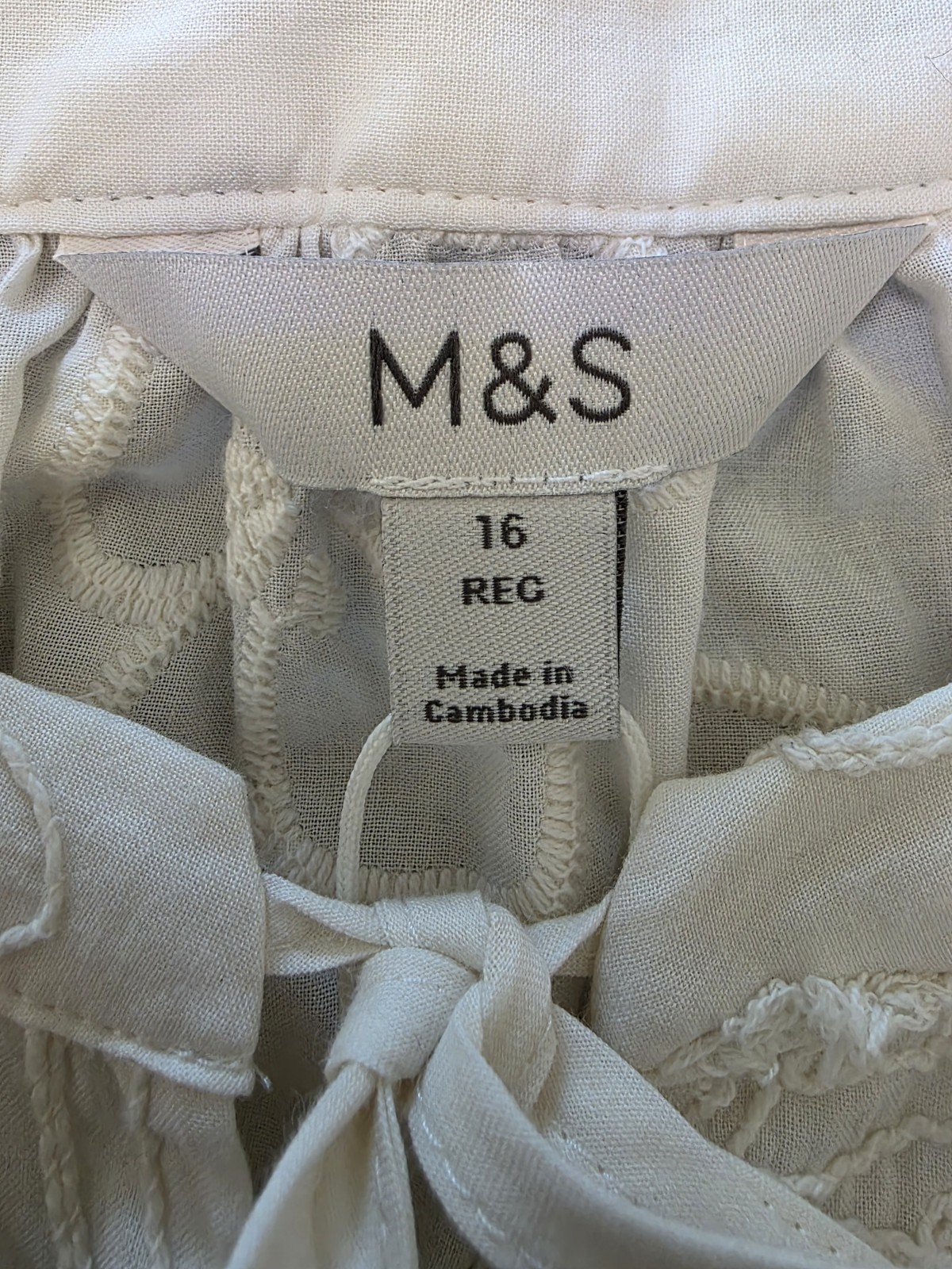 M&S Pure Cotton Applique Tie Neck Blouse ~ Size 16 Regular