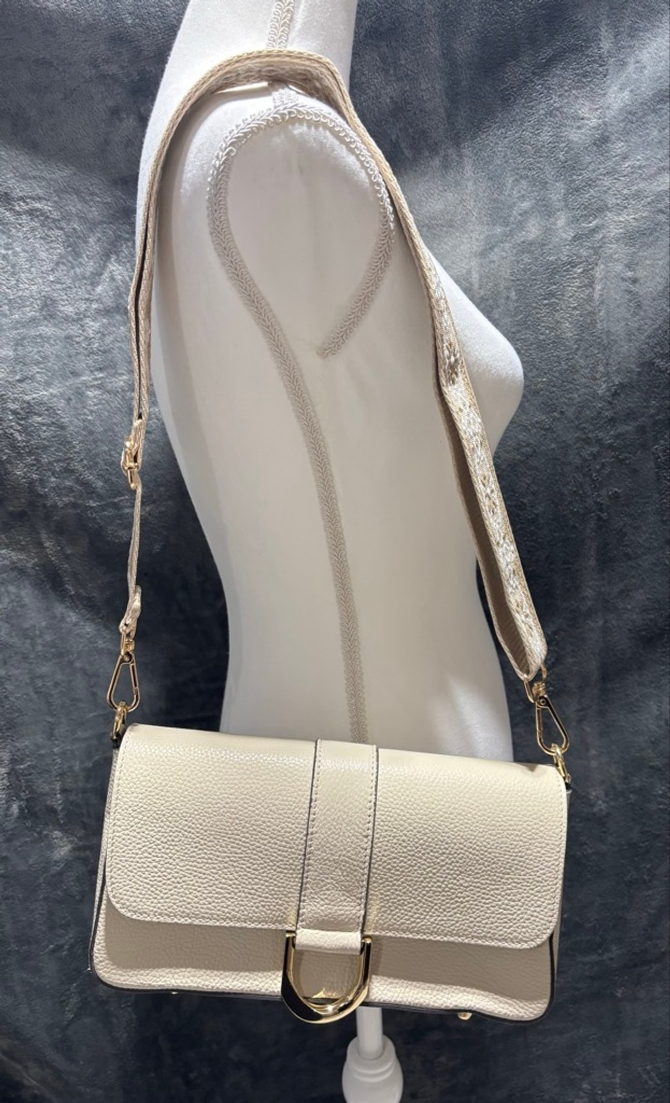 Divina Firenze Ivory Italian Leather Flap Bagette w/Substitute Embroidered Strap