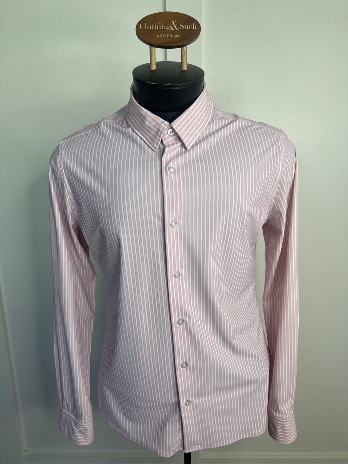 7D 7 Diamonds Dress Shirt Mens Size S Pink Striped 4 Way Stretch Long Sleeve