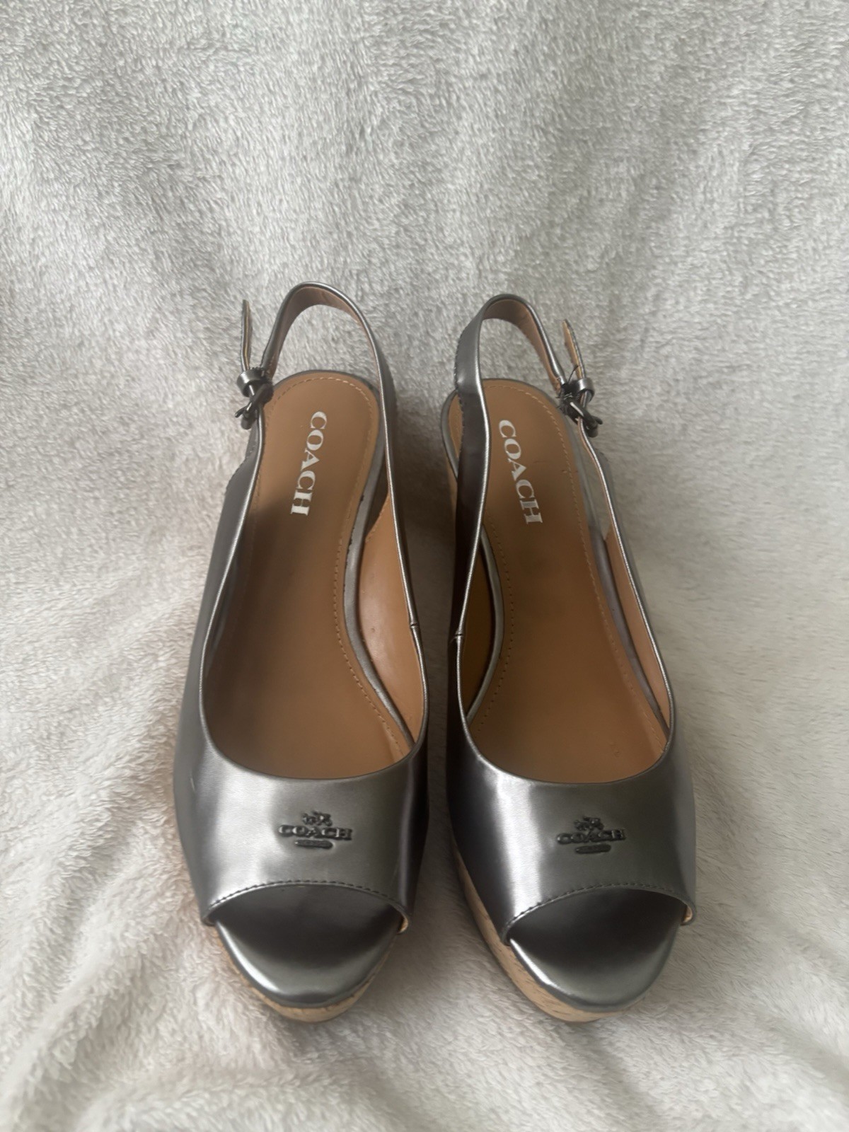 Coach Women Ferry Black/Silver Leather Cork Wedge Sandals Peep Toe Size 9.5