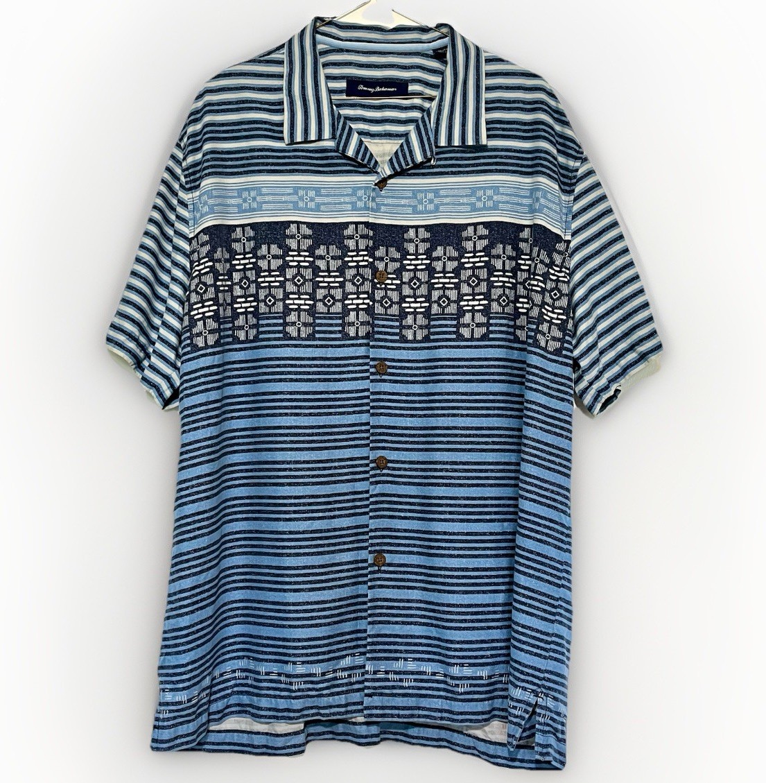 Tommy Bahama Camp Shirt Men Size XL Silk Blue White Print Stripes Washable Soft