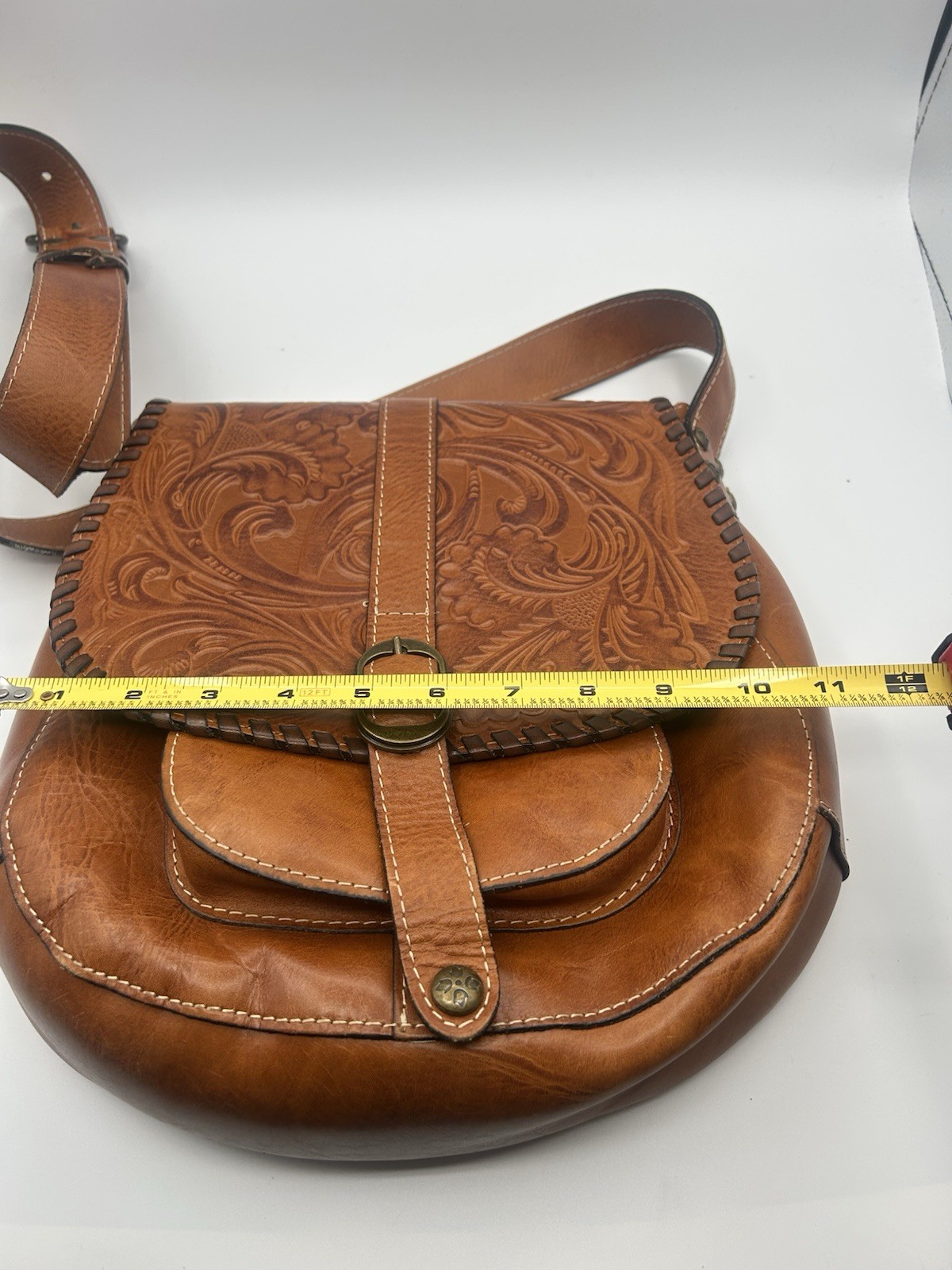 Patricia Nash Barcelona Large Saddlebag Tooled Italian Leather Brown Western