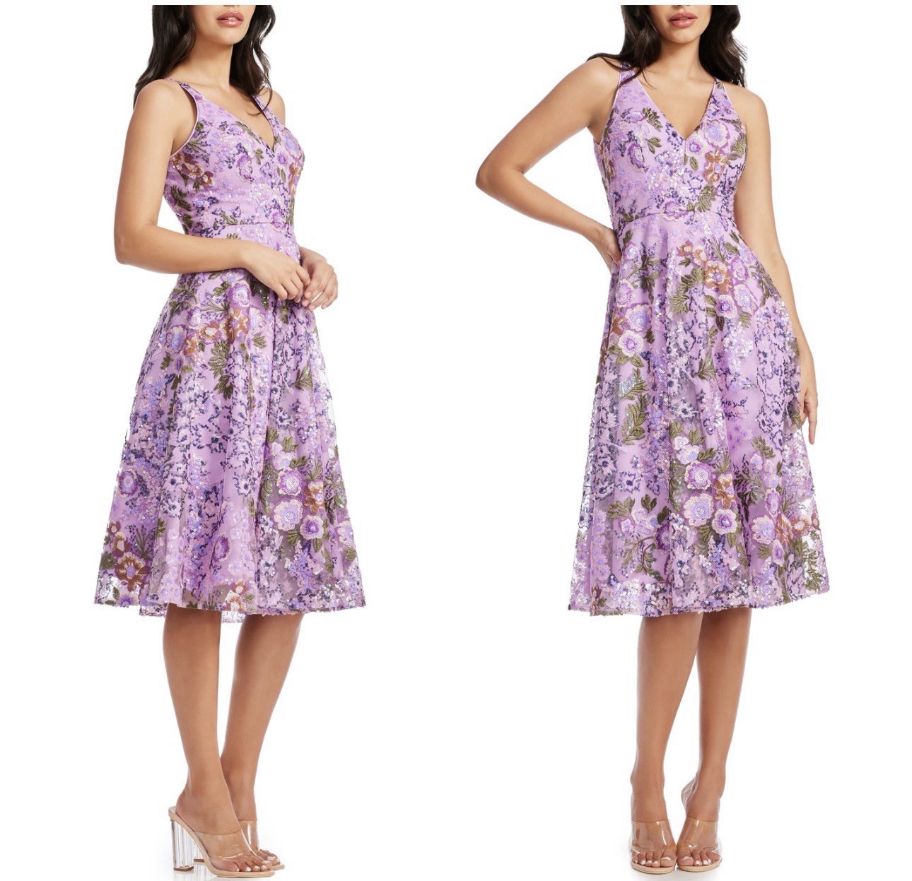 Dress the Population Purple Floral Sequin Embroidered Mesh V-Neck Midi XS