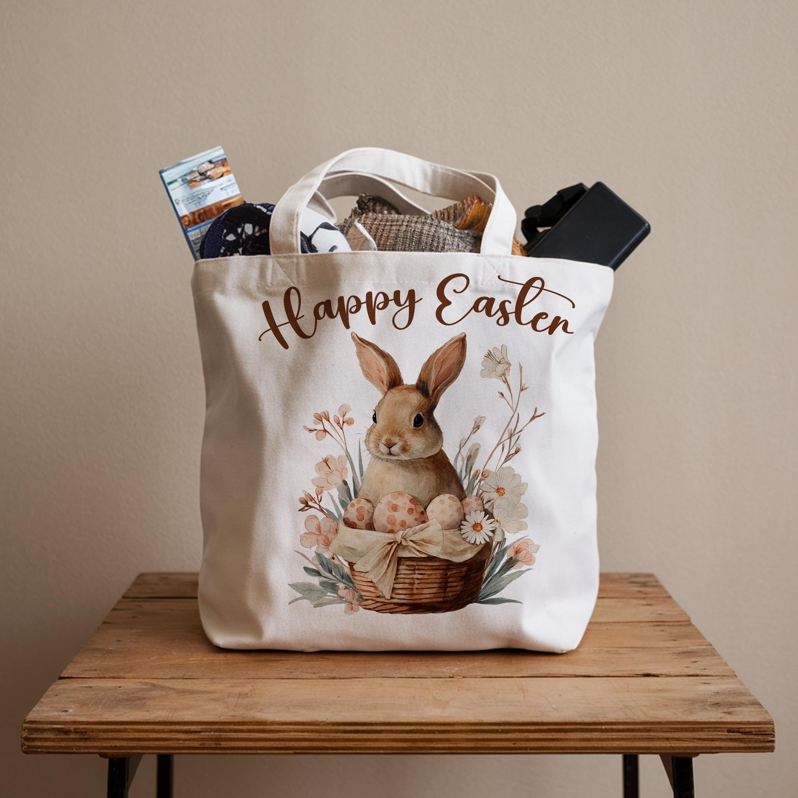 LRYBUD Happy Easter Canvas Tote Bag for 13.8 x x 0.6 inches, Yellow