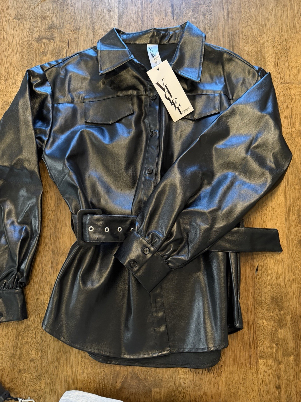 Violet Romance Women’s Black Belted Button Faux Leather Jacket Size 14