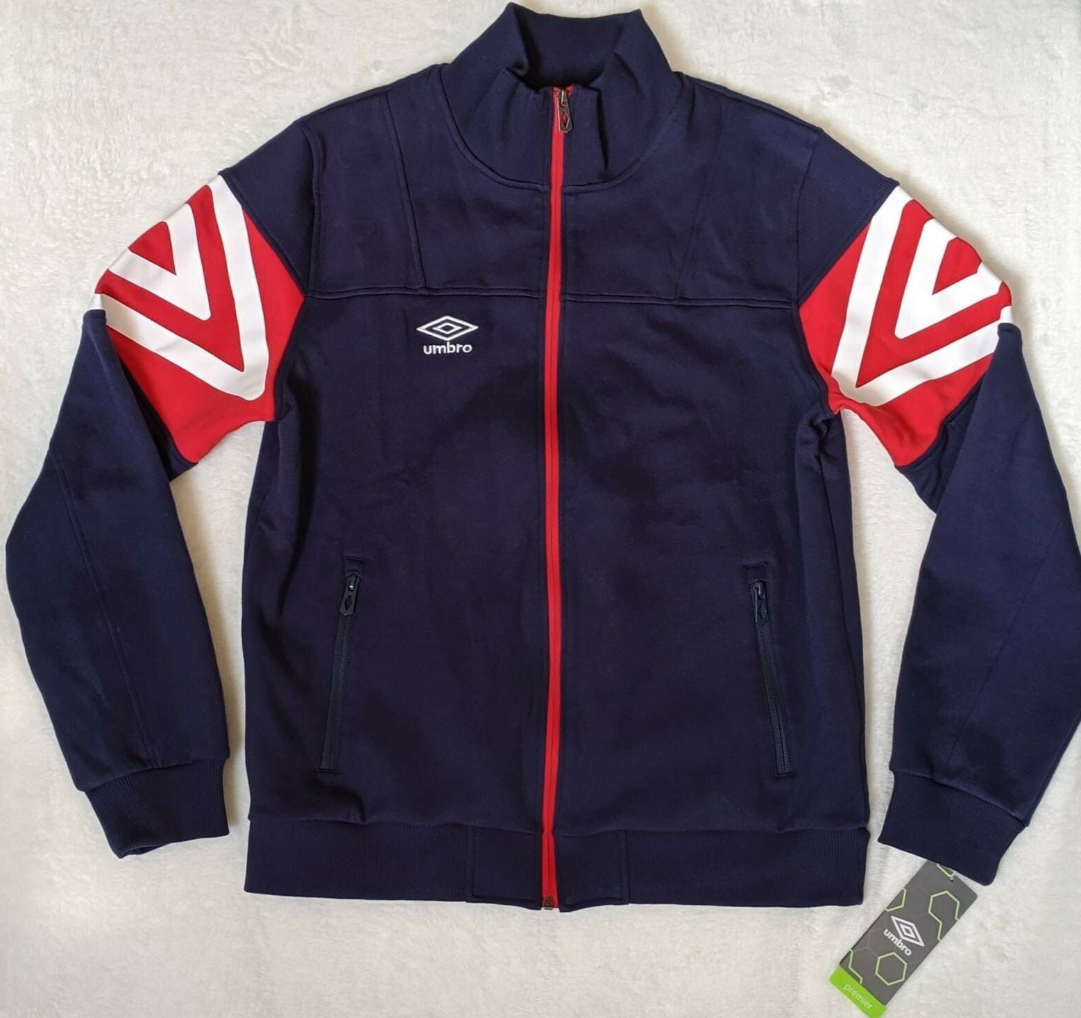 Umbro Premier Full-Zip Warmup Jacket, NWT, MSRP $90! Men’s Large Navy/Vermillion