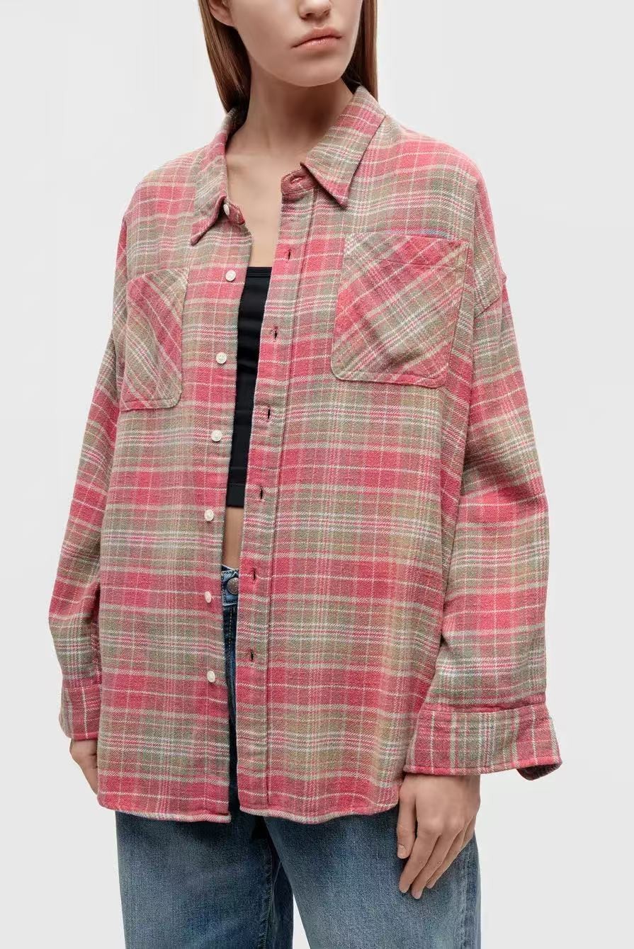 R13 DROP NECK WORKSHIRT in Pink Teal Plaid Size S