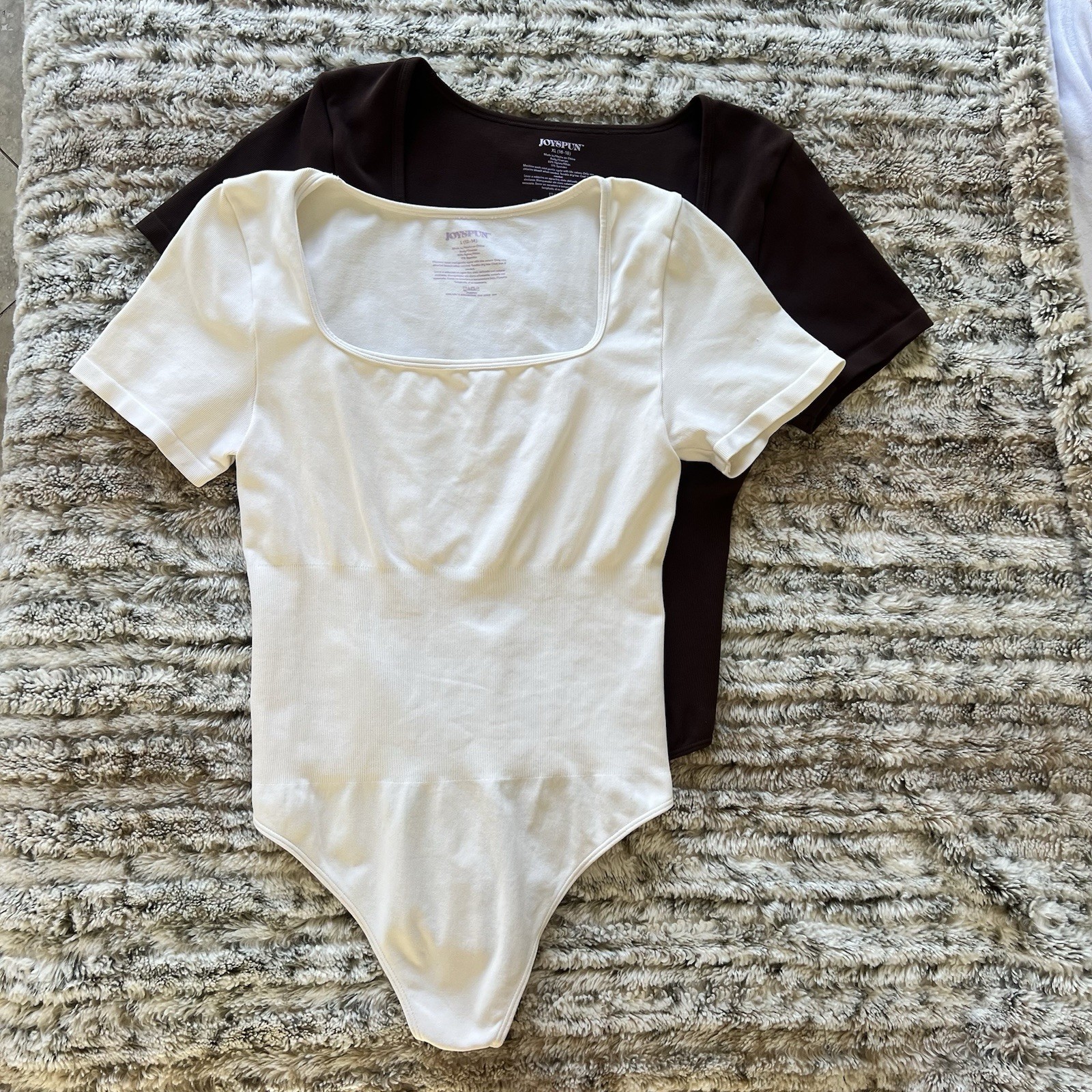 Joyspun 2-Pack Women’s Bodysuits XL White/Brown Short Sleeve Square Neck Stretch
