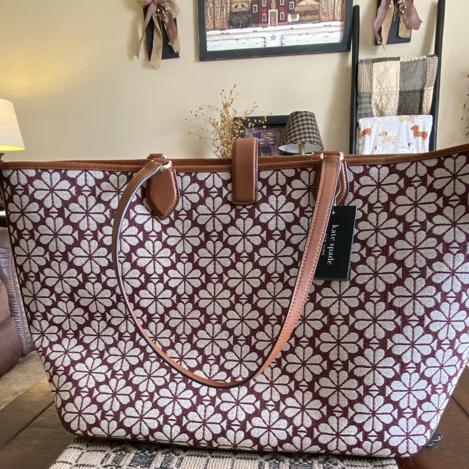 kate spade new york Spade Flower Jacquard Large Tote Burgundy Brown Gold