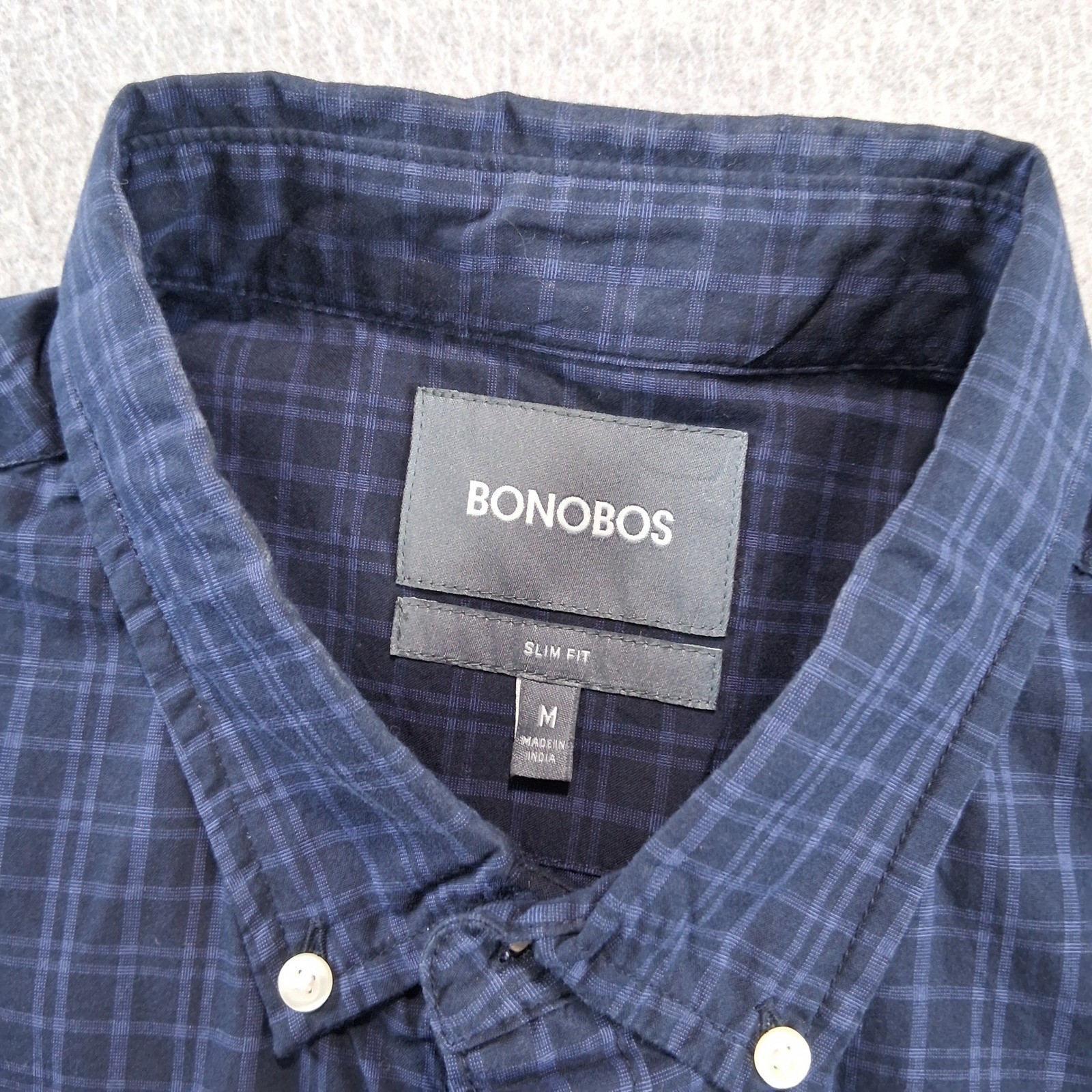 Bonobos Button Down Shirt M Navy Blue Plaid Slim Fit Long Sleeve Lightweight