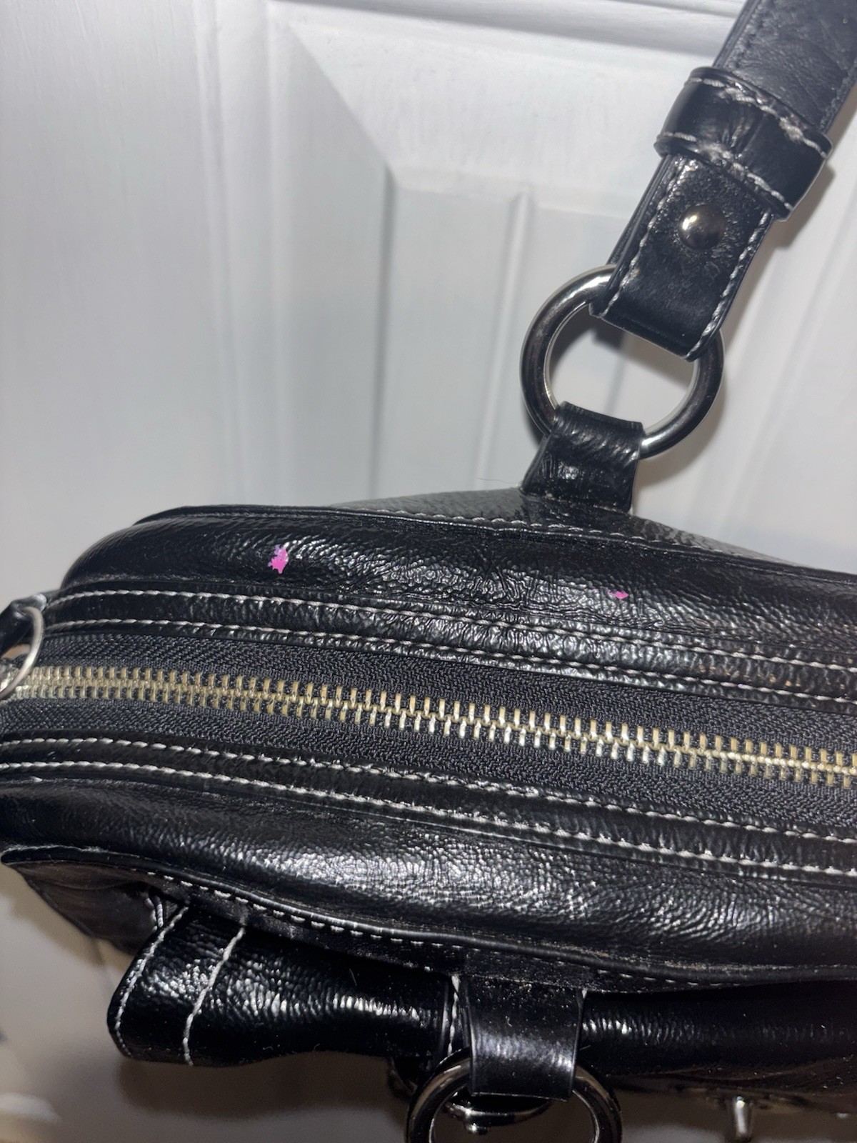 Coach Hampton Patent Black Satchel Top Handle Bag Purple Lining Pockets