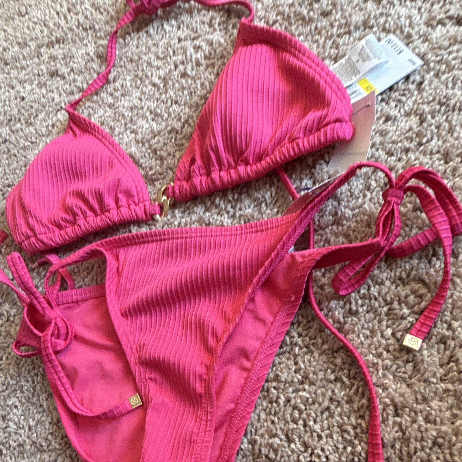 Women’s Pink Ribbed Triangle Halter Bikini 2-Piece Tie-Side Bottoms Size S