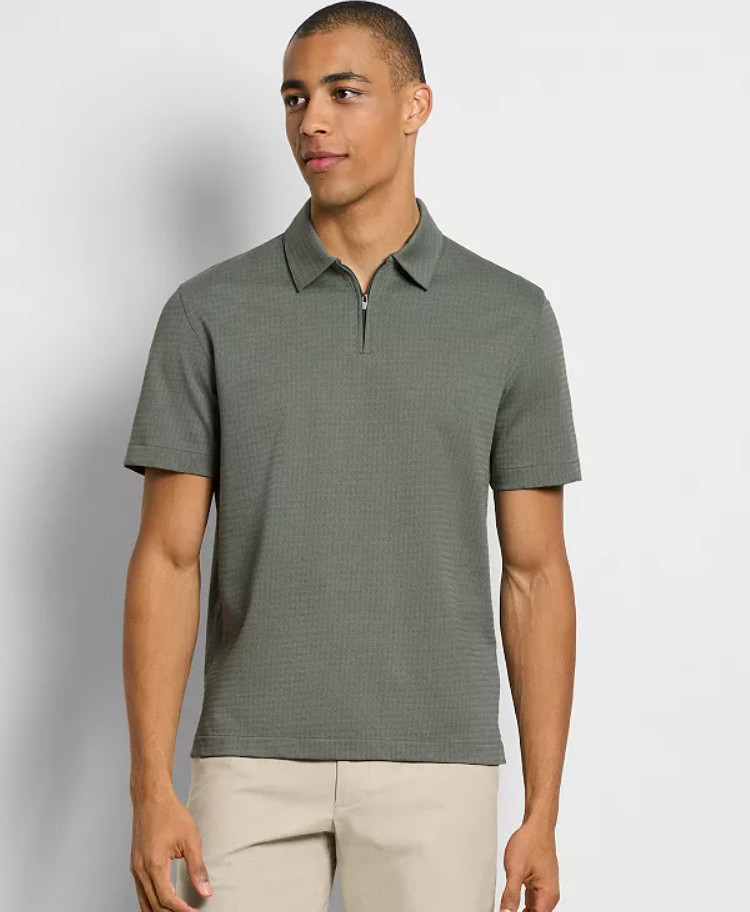 Van Heusen Men’s Essential Tonal Jacquard Zip Polo Balsam Green Large
