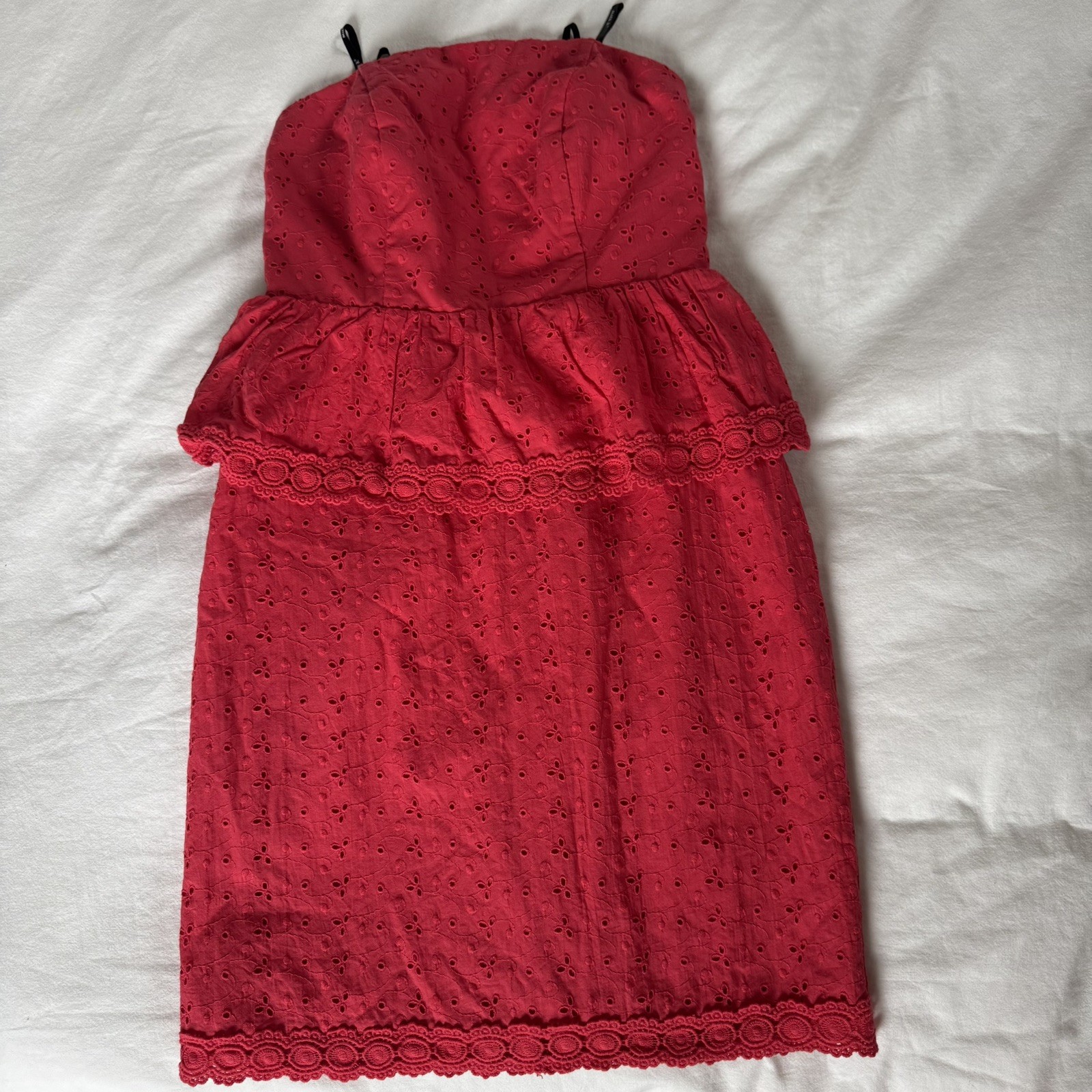 Allen B strapless dress Size 4 Bright Red Eyelet lace fabric Ruffle overlay