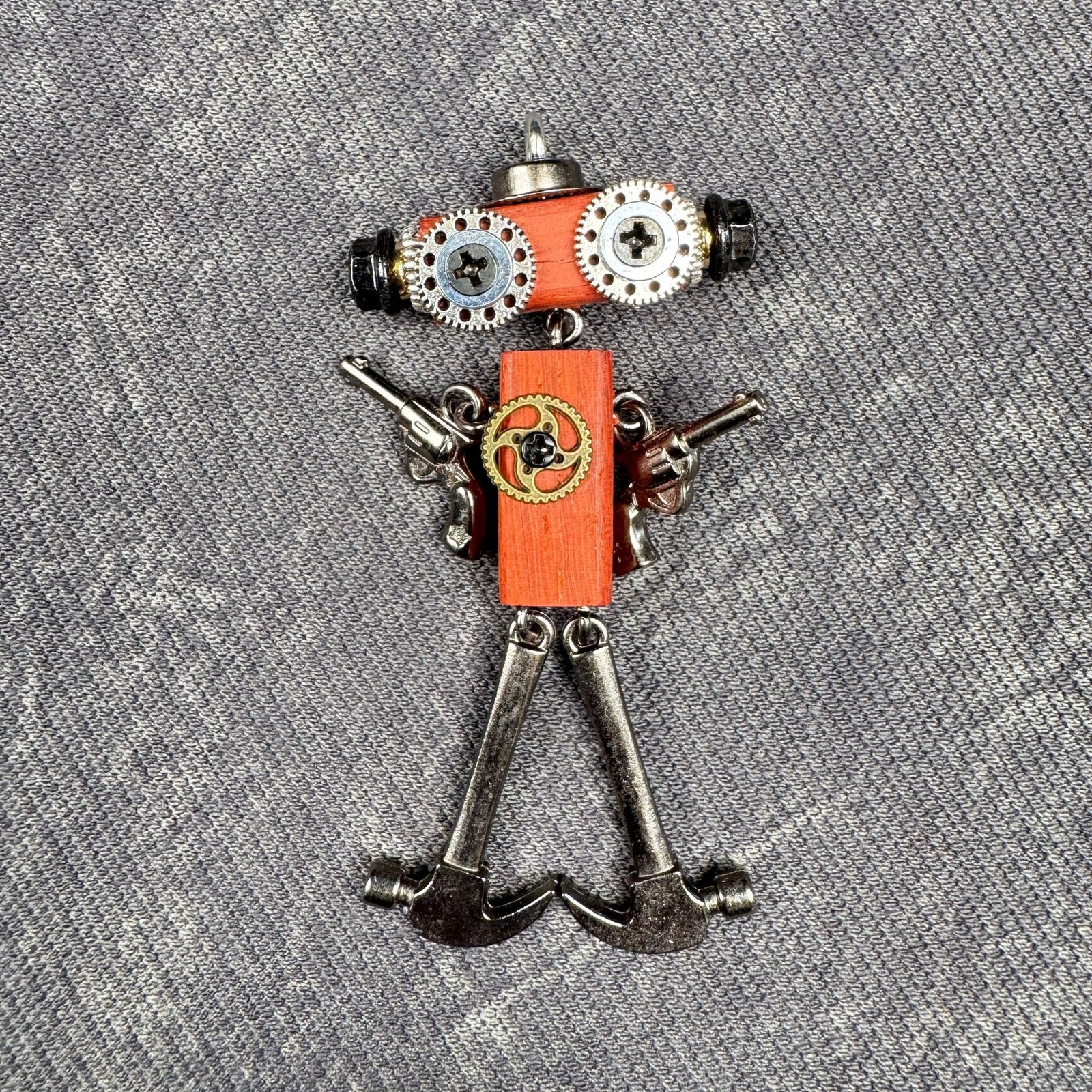 Cute Weird Punk Wooden&Alloy Robot Keychain – Steampunk Handmade Key Ring Charms