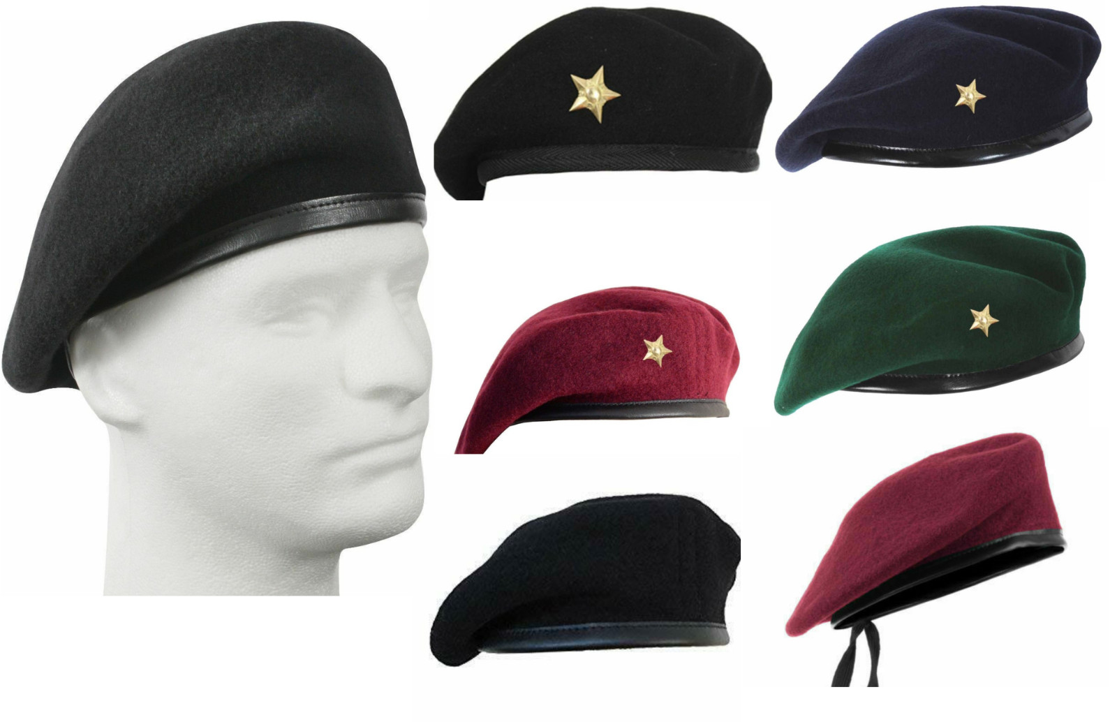 Beret Cap With Gold Star Hat Wool Military Army French Blue black Green Maroon