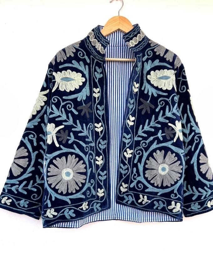 Handmade Suzani Velvet Jacket~Floral Blue Embroidered Coat For Her Gifts