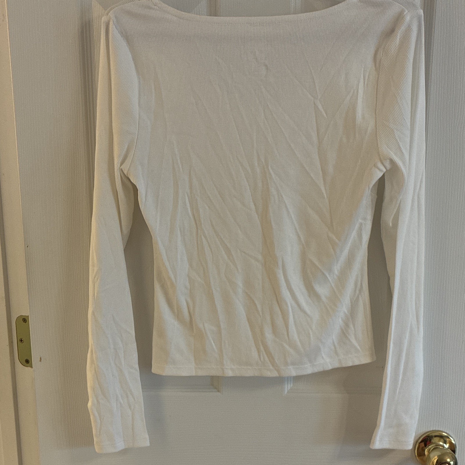 A New Day White Ribbed Knit Lace Trim V-Neck Long Sleeve Stretch Top M