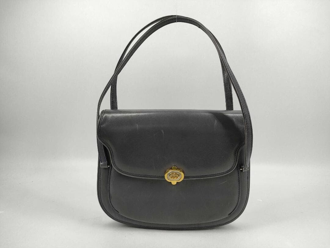 Gucci Vintage Black Leather Shoulder Bag Gold Tone Hardware Flap Clasp Auth