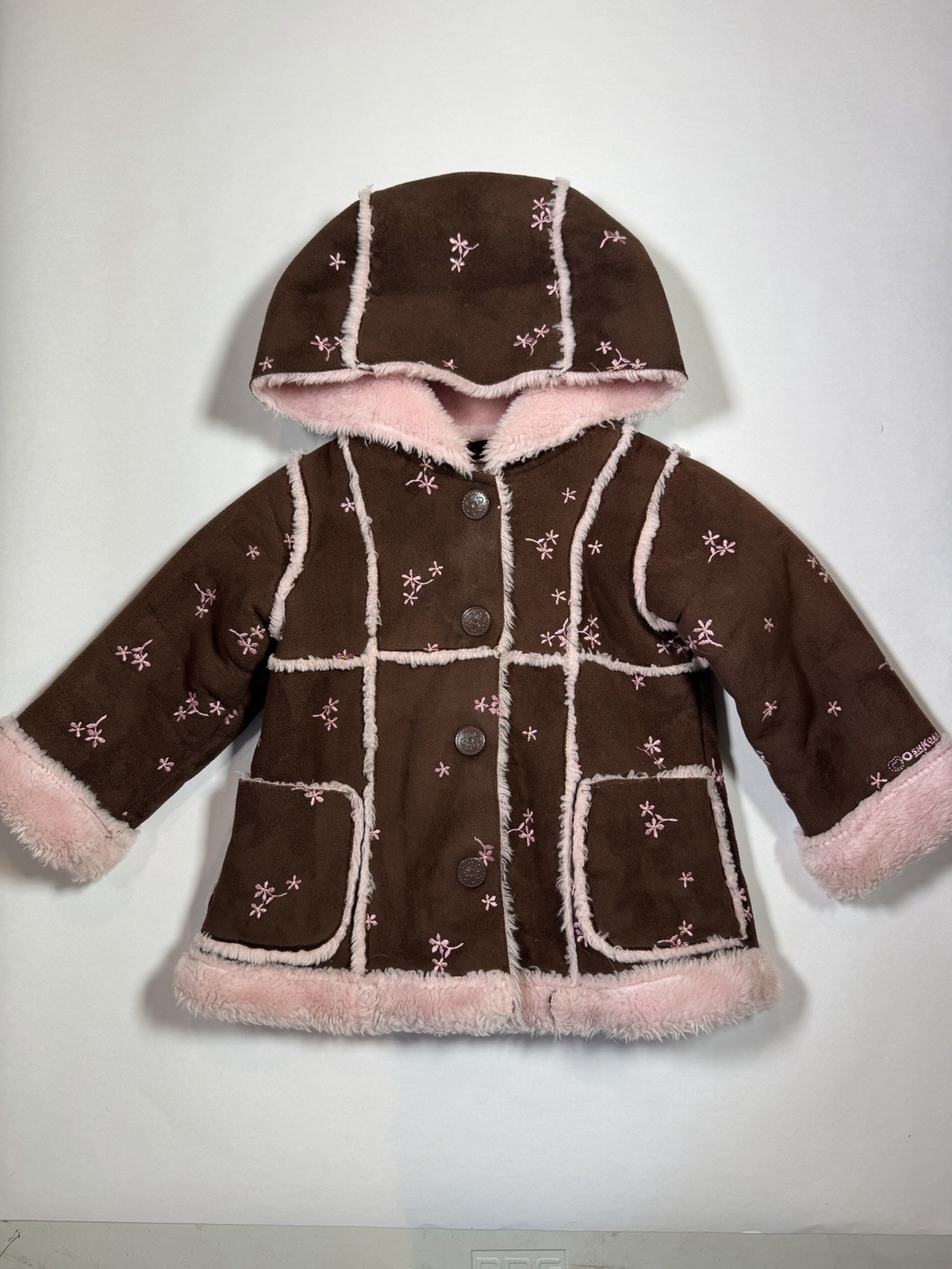 Vintage OshKosh B’gosh Girls 18M Brown/Pink Hooded Lined Faux Suede Floral Coat