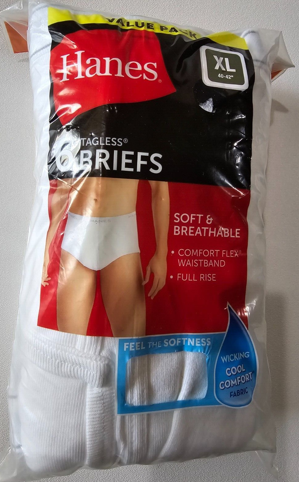 Hanes Men’s Tagless White Briefs with ComfortFlex Waistband XL 6 PACK