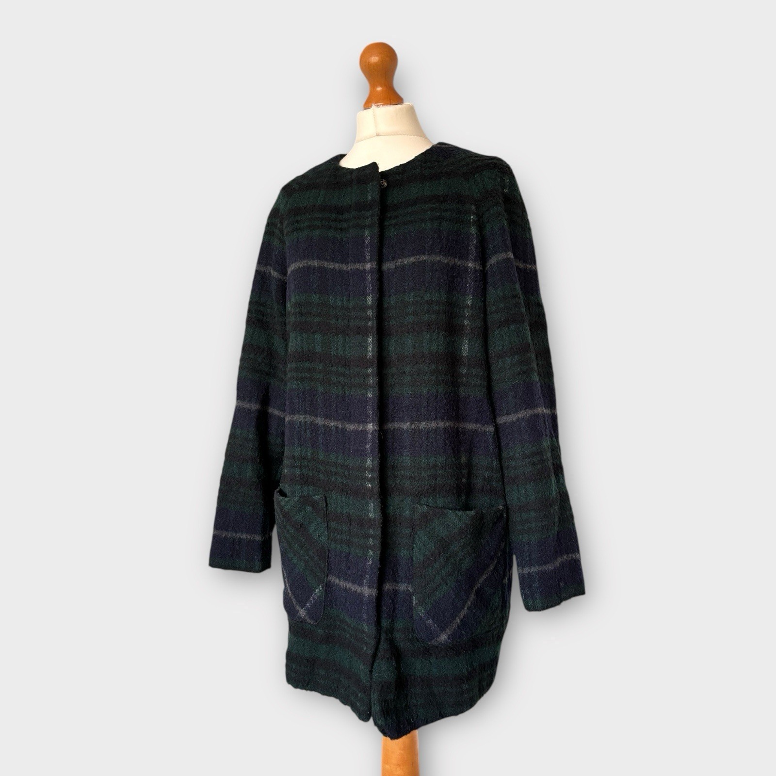 Marks & Spencer Coat 12 Navy Blue Green Plaid Tartan Check Wool Mix Winter READ