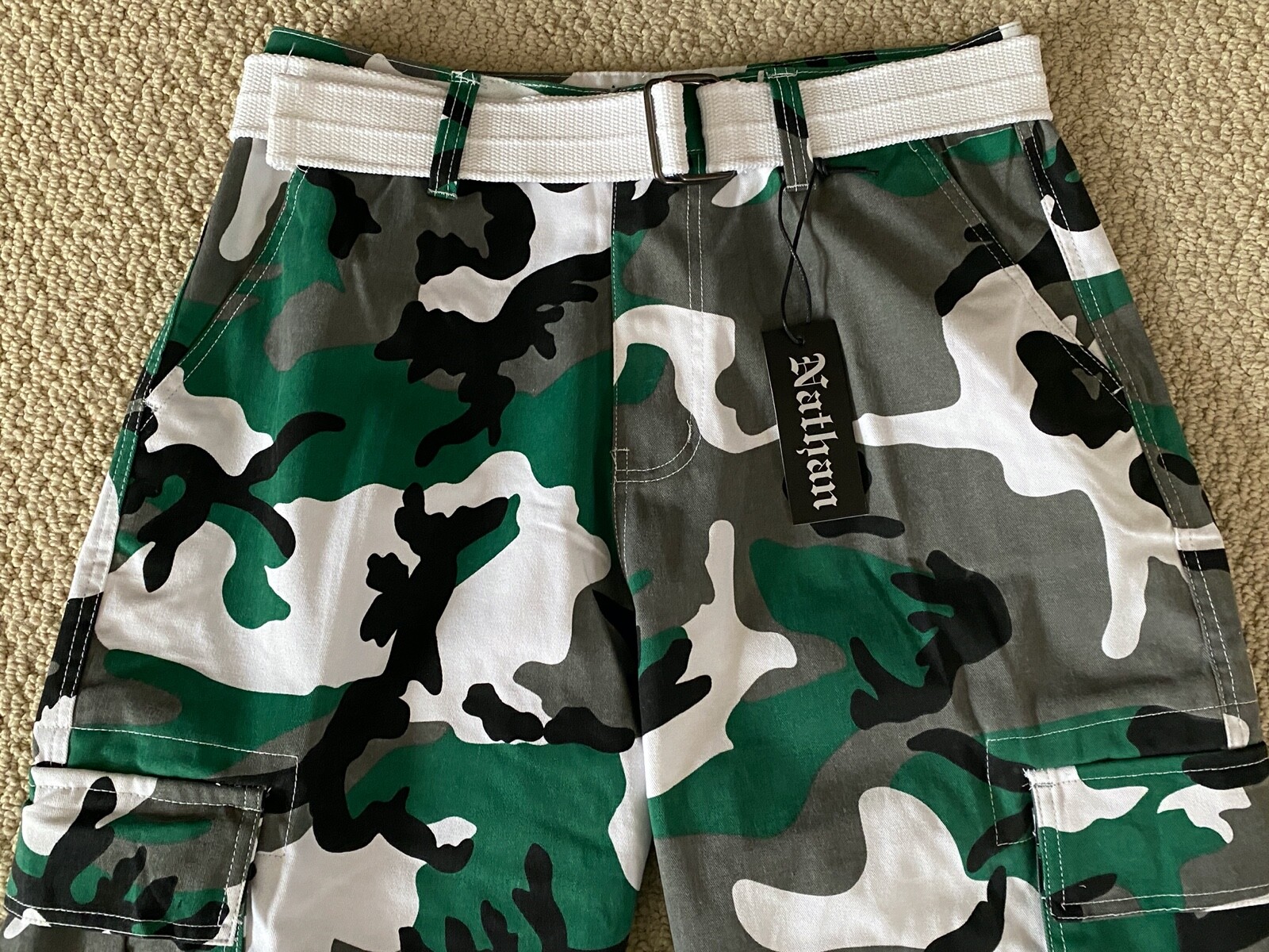 NWT Men’s Nathan Green White Camouflage Camo Belted Cargo Pocket Shorts ALL SIZE