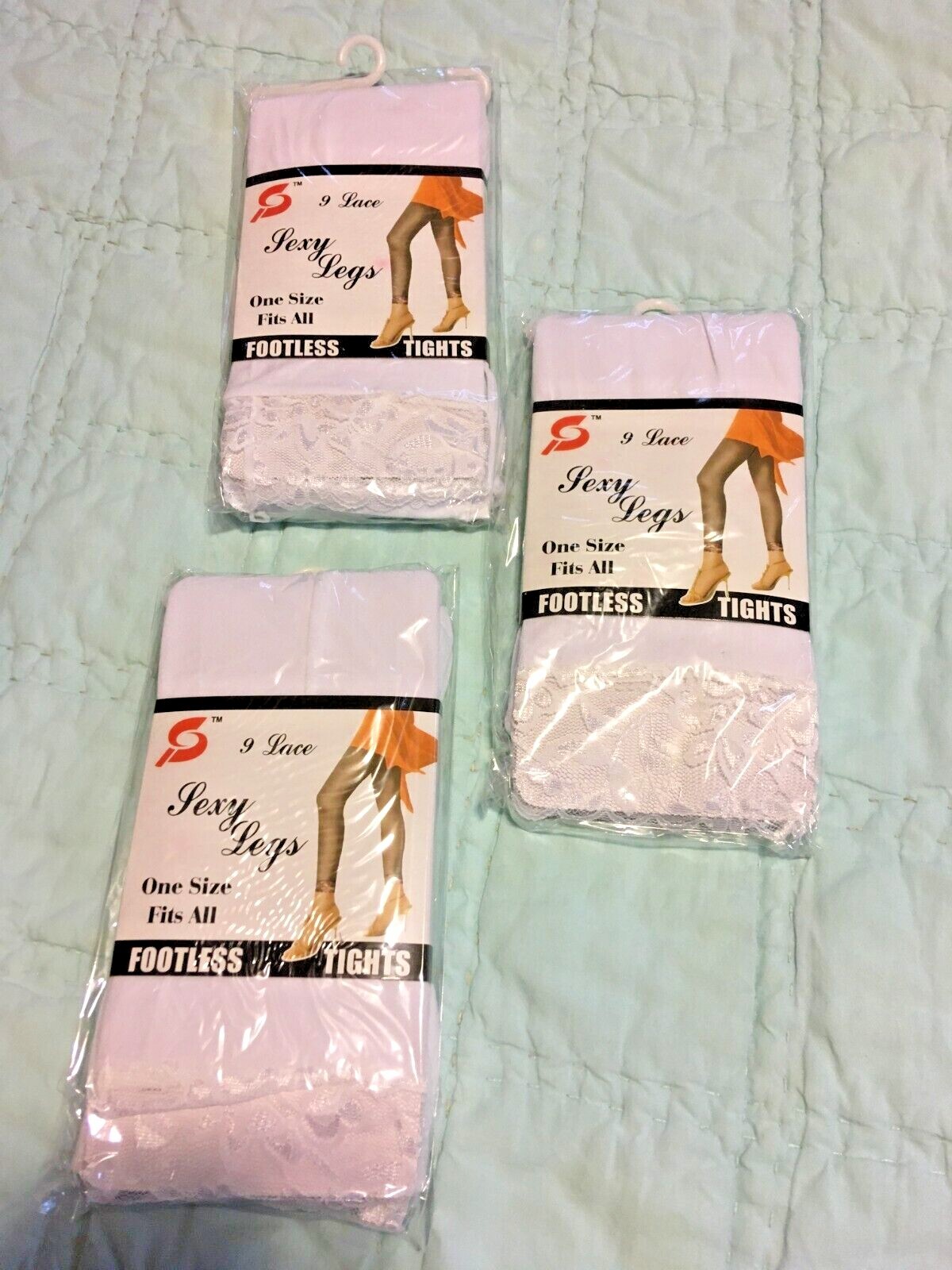 3 NEW PAIR SEXY LEGS LACE CUFF WHITE FOOTLESS TIGHTS FITS 4’10”-5’9” 100-165 LBS