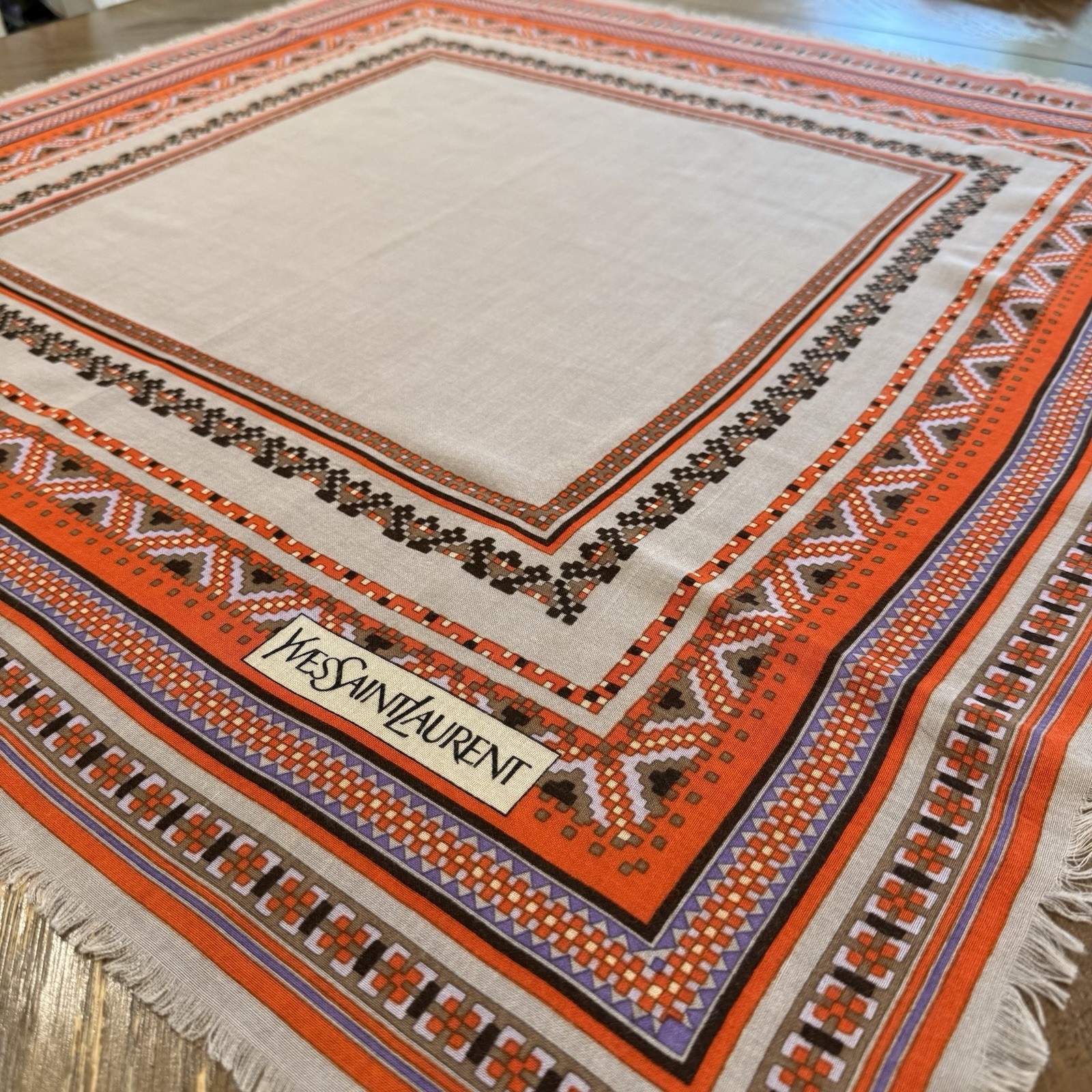 Yves Saint Laurent Silk Scarf Geometric Cream Brown