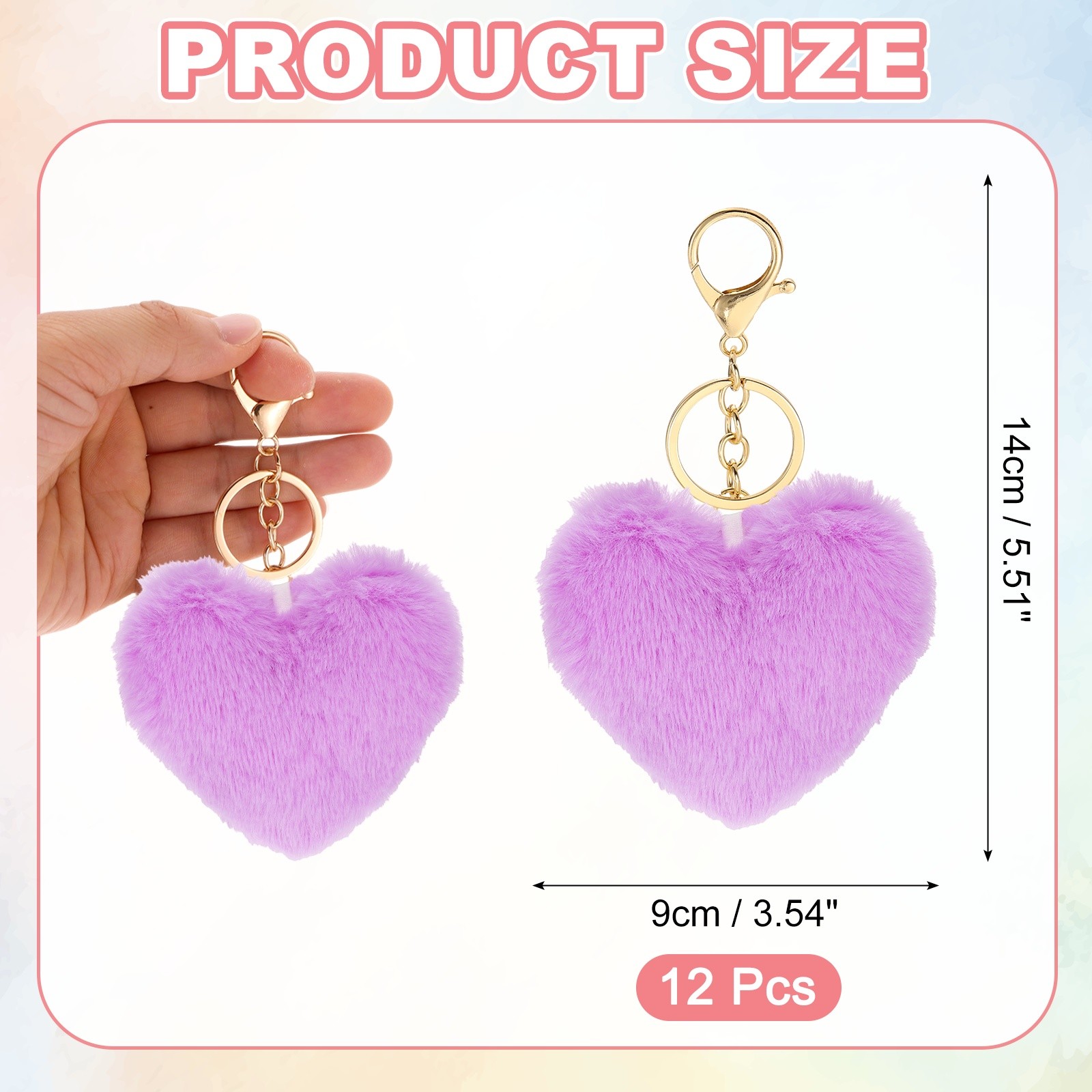 12Pcs Heart Pom Pom Keychain Faux Fur Fluffy Keyring Purple(Gold Buckle))