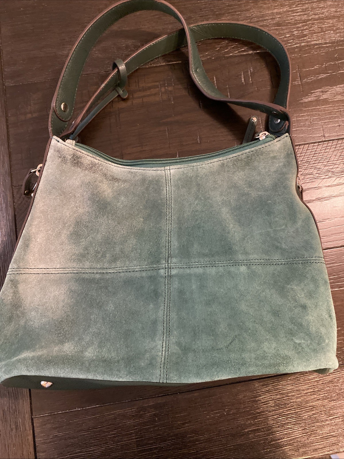 Tignanello Green Suede Leather Purse Shoulder Bag Zip Close Double Straps