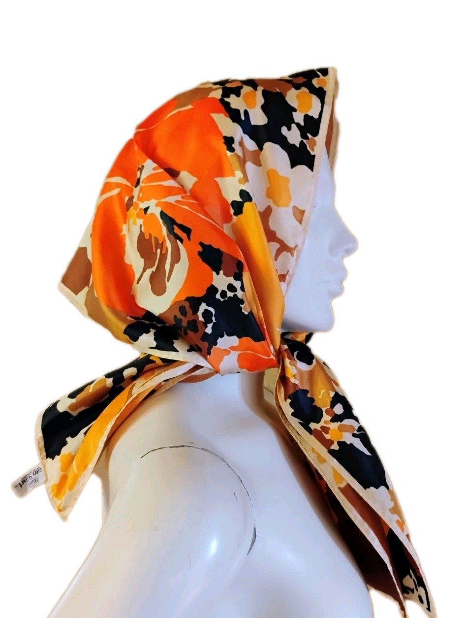 VTG “Totes” Rain Repellent Black, Orange, Yellow & Tan Abstract Floral Scarf