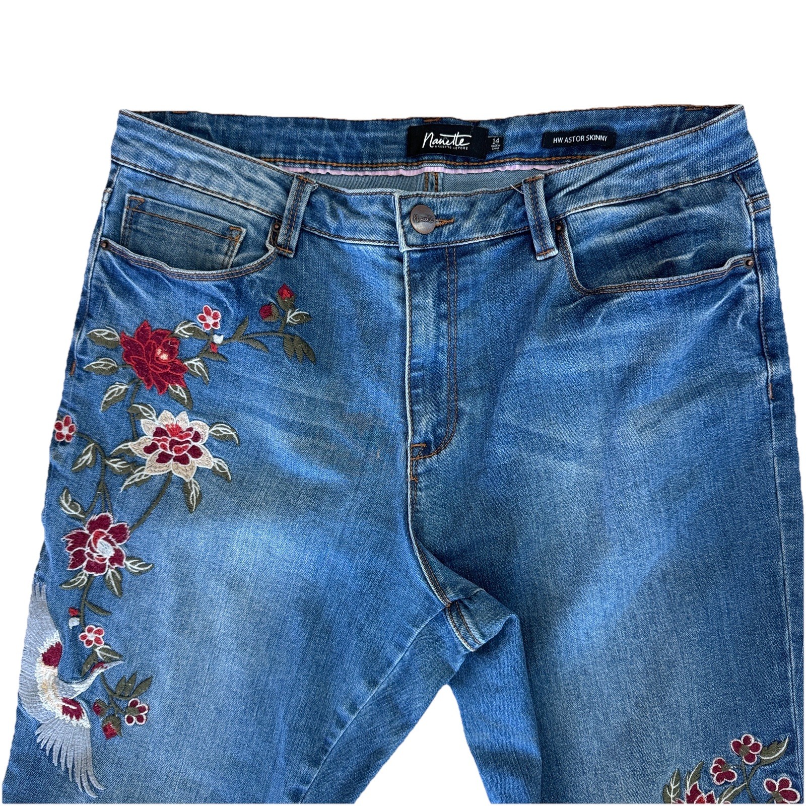 Nanette Lepore HW Astor Skinny Jeans 14 Embroidered Floral Bird Crane High Rise