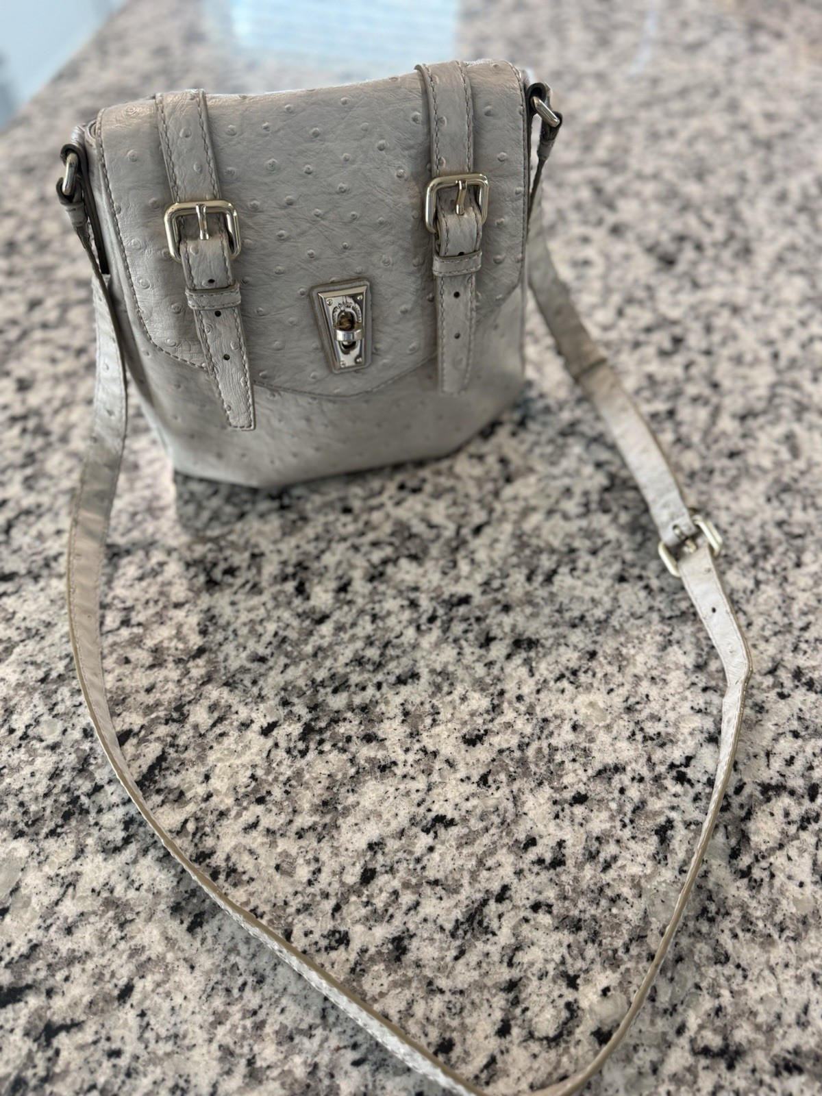 Marc by Marc Jacobs Gray Ostrich Shoulder Bag Turn Lock Buckle Silver Hardware
