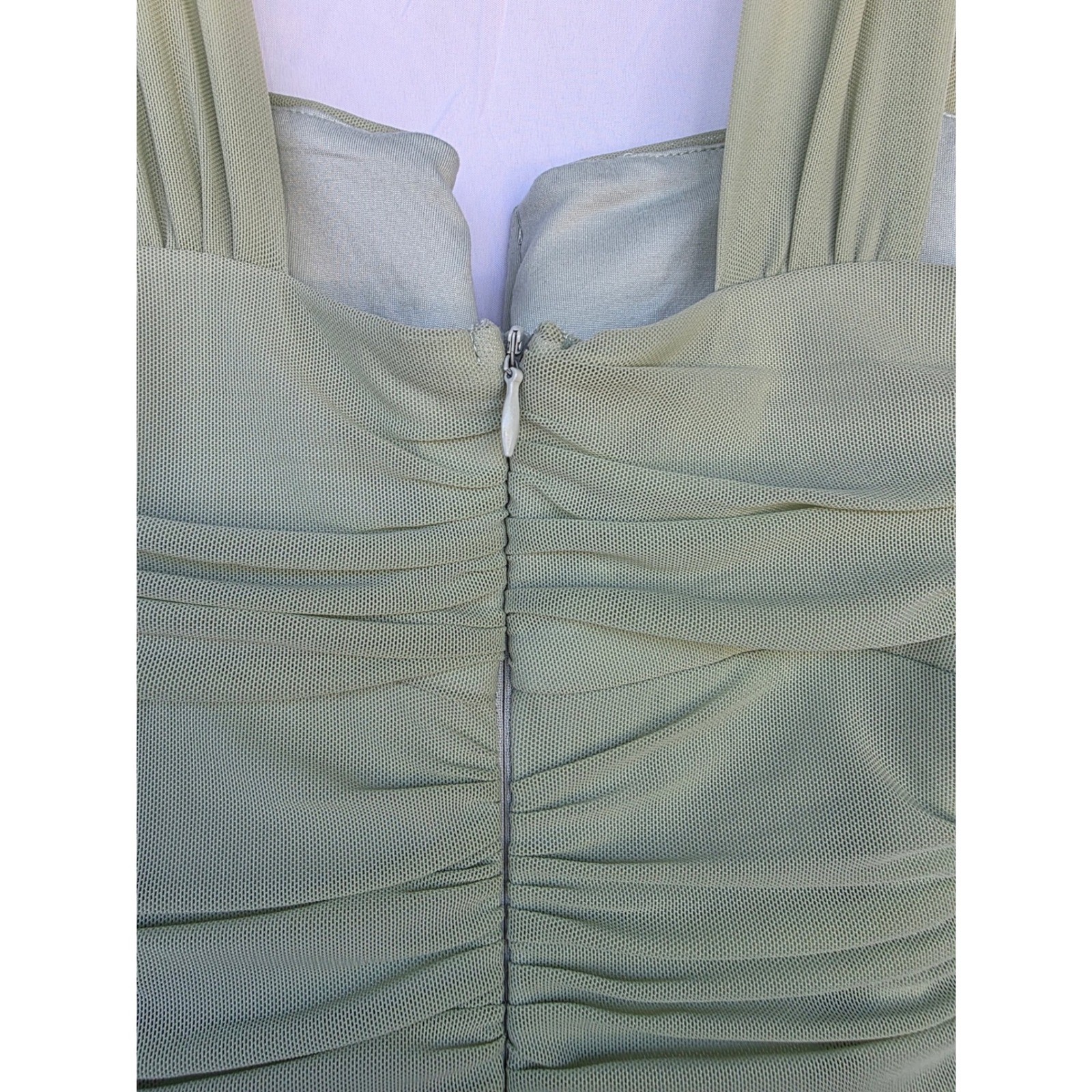 Hello Molly Sage Green Ruched Mesh Dress V-Wire Mermaid Hem Formal Gown NWT XS