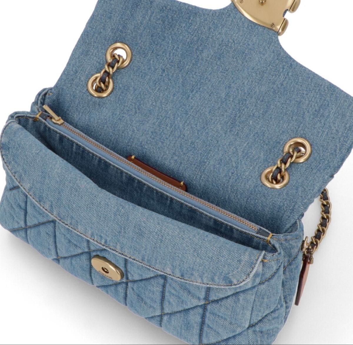 COACH Tabby Shoulder Bag Quilted Denim Leather Chain Strap 2-Way Blue 14x26x8cm
