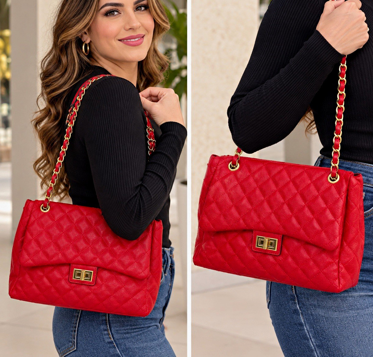 Women’s Red Quilted Shoulder Bag Gold Chain Strap Turn Lock Zip, Inner Pockets