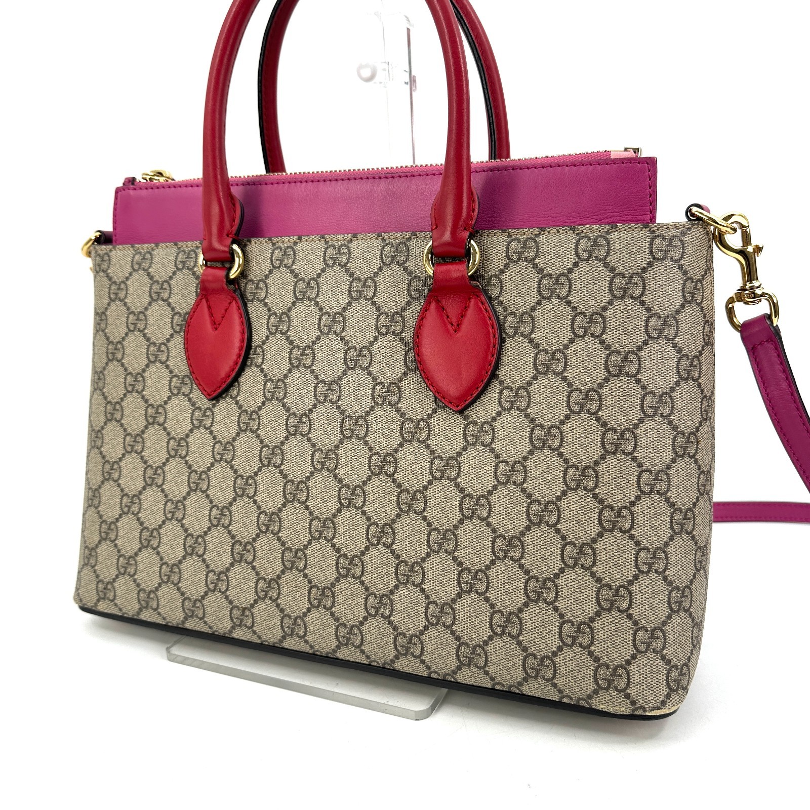 Gucci GG Supreme Monogram 2 Way Purse Bag Tote Pink