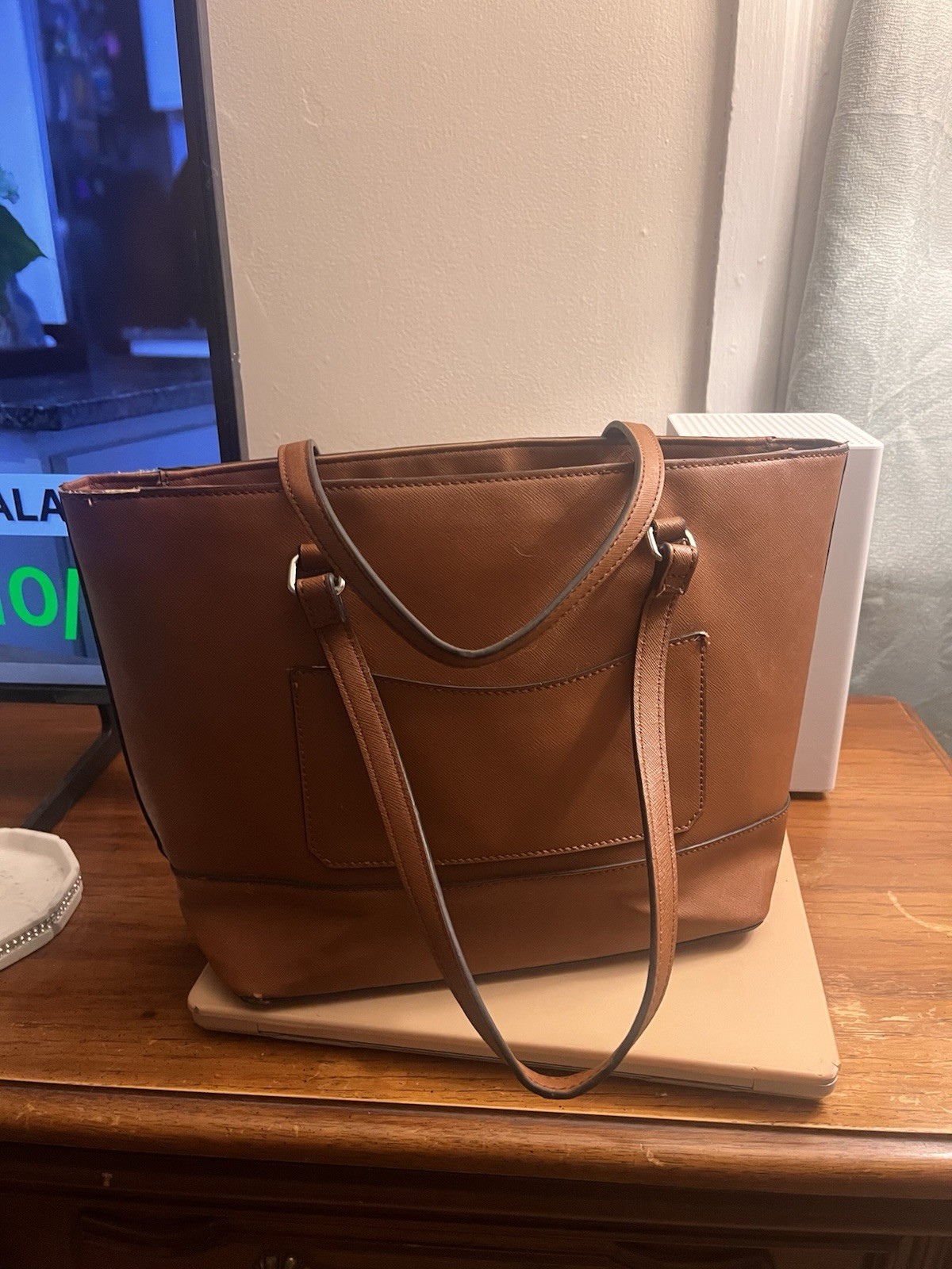 GUESS Brown Rodney Logo Tote Bag Zip Closure Silver Hardware Lock Charm