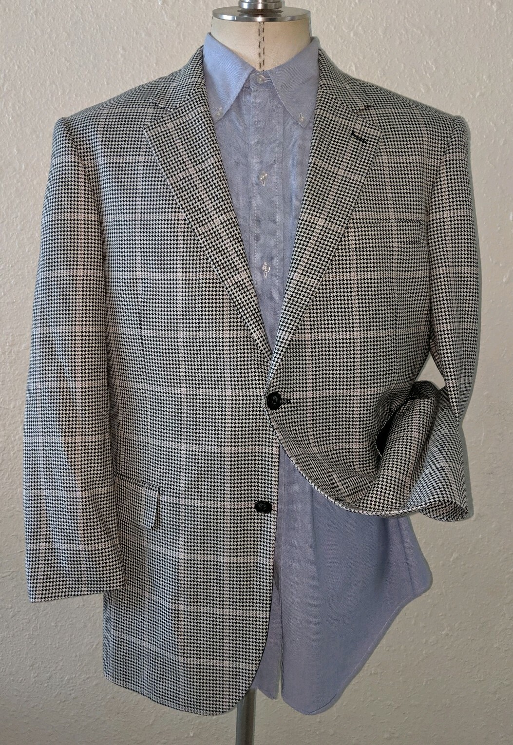 NEW Pink Tooth Over Check Plaid SILK WOOL 2-vent Blazer Jacket Sport Coat 43R