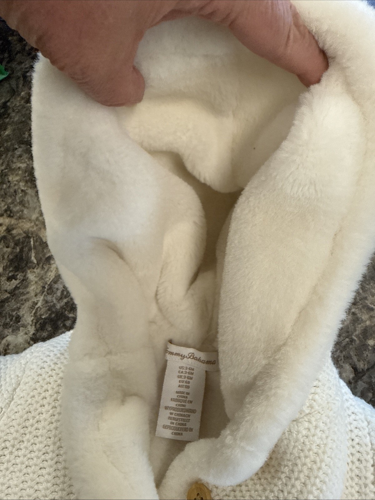 “Tommy Bahama” 3-6 Month White Knitted A Sharpa Fur Coat Hood *Stain