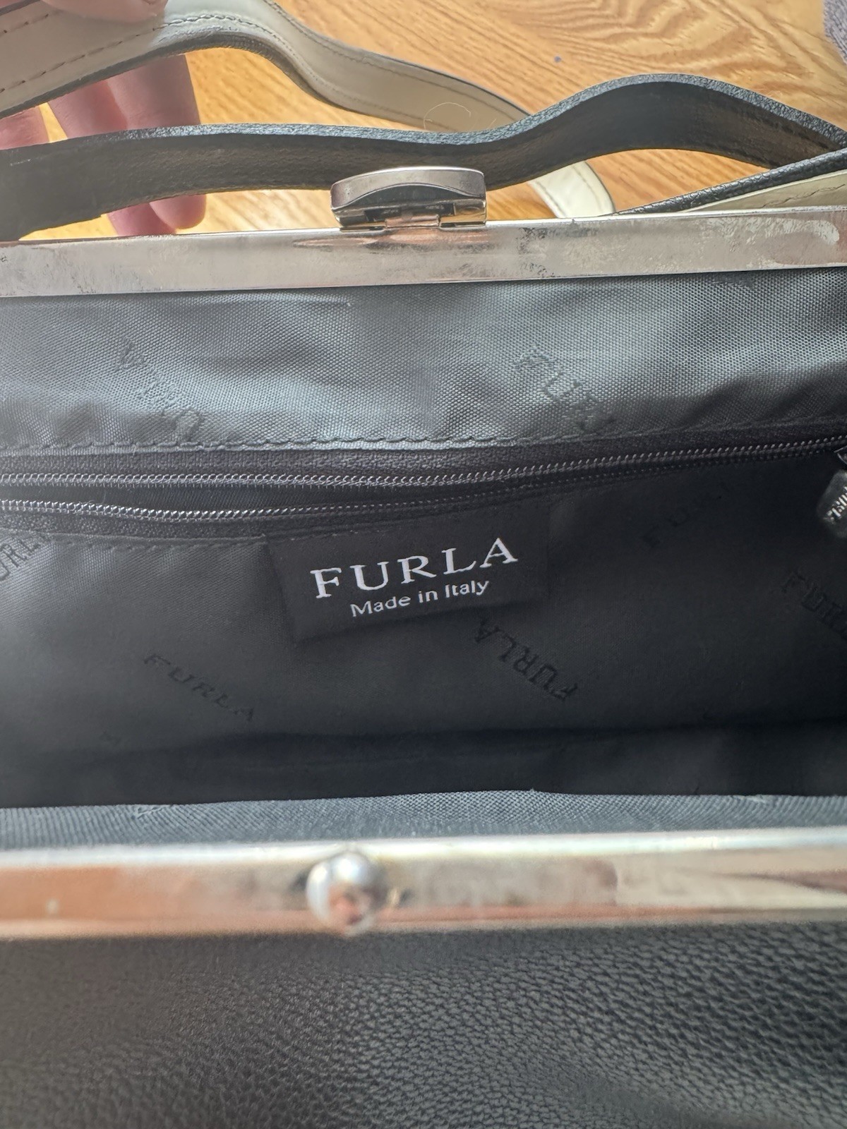 Furla Black/White Small Shoulder Bag Lock Frame Silver Hardware Strap Dust Bag